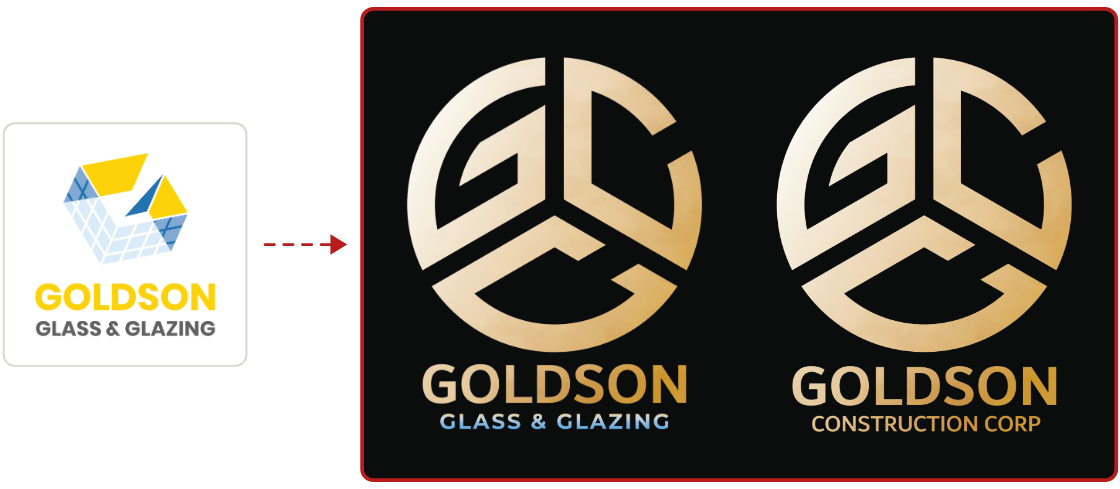 On the left, the old Goldson Glass & Glazing logo, a yellow and blue cube. A red arrow points to a dark panel holding two gold logos side by side: the new Goldson Glass & Glazing logo and the Goldson Construction Corp logo. They share the same GC emblem and GOLDSON wordmark; only the line underneath differs.